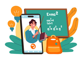 Poster - online learning concept. distant and remote education and training. man at smartphone screen near ch