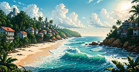 Sticker - island village houses on tropical ocean beach. sea water waves crashing on shore and sand. nature landscape with palm trees.