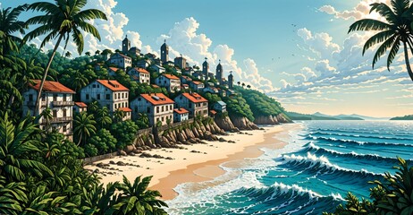 island village houses on tropical ocean beach. sea water waves crashing on shore and sand. nature landscape with palm trees.
