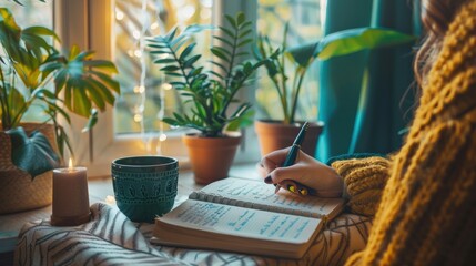 Poster - A woman is writing in a notebook while sitting in front of a window with potted plants. Concept of relaxation and creativity