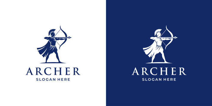 Archer Logo Design Template. Vector Illustration of the Greek Royal Archer Warrior Logo in Flat Silhouette Style.