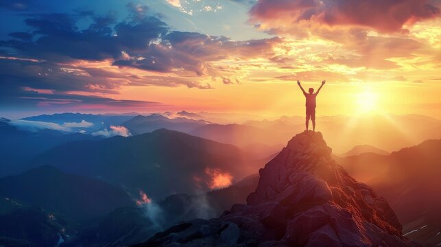 A person is standing on a mountain top, with the sun shining brightly behind them. Concept of accomplishment and triumph, as the person has reached the summit of the mountain