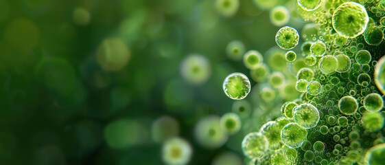 Wall Mural - Microscopic view of algae cells, green tones, high magnification, with copy space