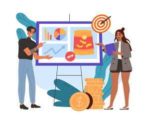 Poster - product marketing concept. man and woman analyze graphs and charts and conduct market research to pr