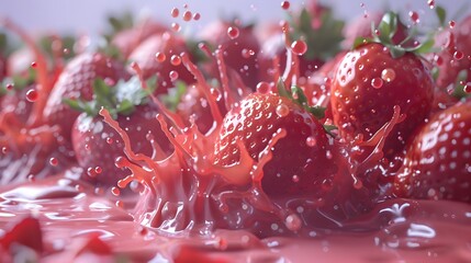 Wall Mural - Juice splashes out from cutted strawberries on a white background