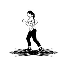 woman jogging side view black and white vector illustration