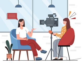 Journalist at interview. Woman with microphone and camera ask questions at famous girl. Celebrity and popular personality with mass media workers. Flat vector illustration