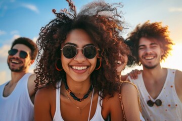 Wall Mural - Group of young people having fun on the beach. Group of friends having fun together.