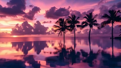 Wall Mural - Tropical sunset with vibrant pink and purple hues reflecting on calm waters, with silhouetted palm trees creating a serene and picturesque scene.	