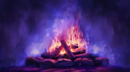 Wall Mural - fireplace with bright flames and burning logs