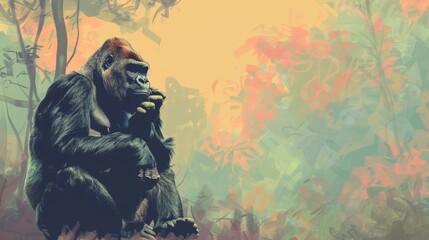 gorilla sitting pensively in a forest clearing background color