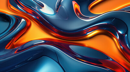 Wall Mural - abstract pattern of curves and orange and blue, in the style of 8k resolution, made of liquid metal, dark sky-blue and light red, futuristic chromatic waves, soft tonal shifts, 