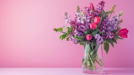 Wall Mural - lush bouquet of lilacs and tulips in a glass on pastel pink background