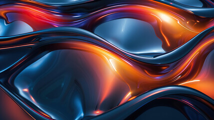 Wall Mural - abstract pattern of curves and orange and blue, in the style of 8k resolution, made of liquid metal, dark sky-blue and light red, futuristic chromatic waves, soft tonal shifts, 