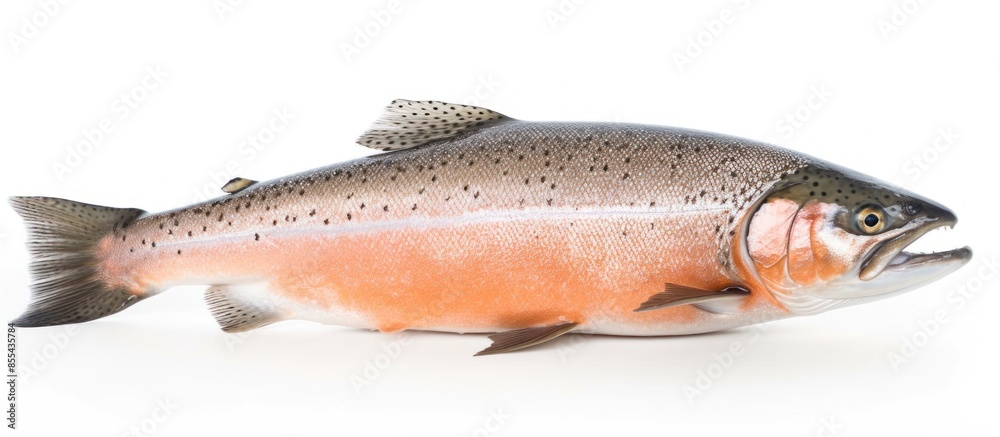 a salmon fish, lying flat on a white background. This fish has a ...
