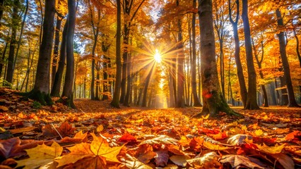 a natural landscape of the autumn season, with a forest floor covered in fallen leaves and the autum
