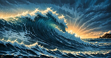 Poster - crashing ocean wave sunset seascape. blue sea water with sunrays.