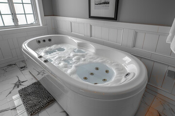 Top view of a bathtub in a white panel bathroom