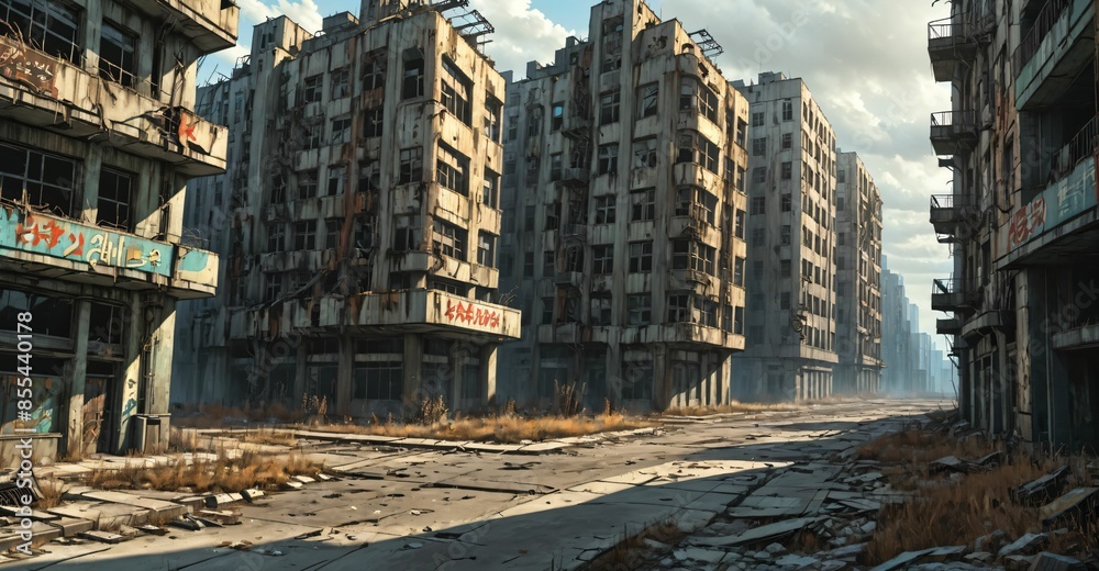 abandoned post apocalyptic urban city ruins. empty aged old building ...