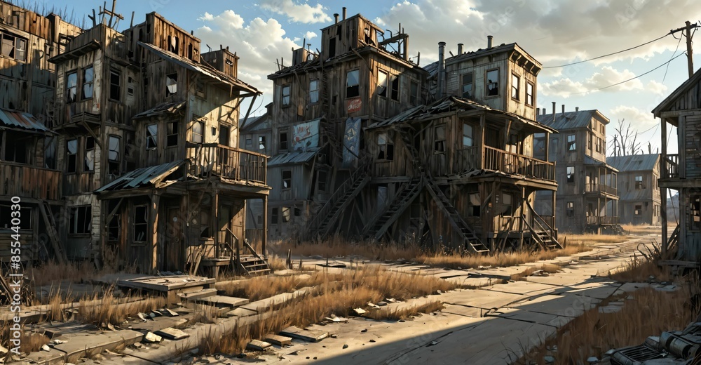 abandoned post apocalyptic urban city town house ruins. empty aged old ...