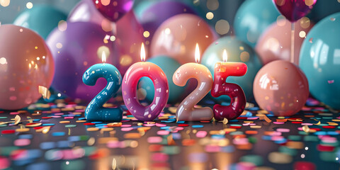 Happy New Year 2025 Birthday candles, colorful balloons in the background, confetti on table, white floor, light pastel colors