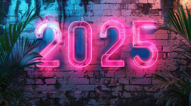 Happy new year concept. 2025 neon glowing effect, pink and blue color on dark background, with white brick wall behind it. 