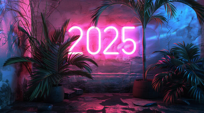 Happy new year concept. 2025 neon glowing effect, pink and blue color on dark background, with white brick wall behind it. 