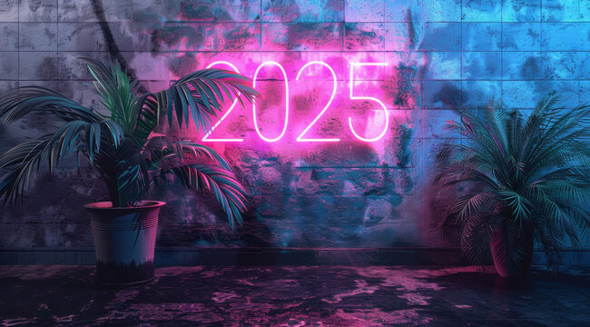 Happy new year concept. 2025 neon glowing effect, pink and blue color on dark background, with white brick wall behind it. 