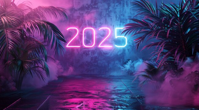 Happy new year concept. 2025 neon glowing effect, pink and blue color on dark background, with white brick wall behind it. 