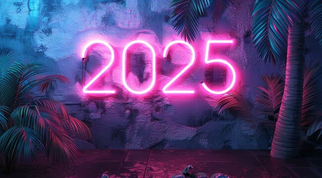 2025 Happy new year, Glowing neon icon 2025 glowing effect, pink and blue color on dark background, with white brick wall behind it. There is a palm tree in the corner of the frame.