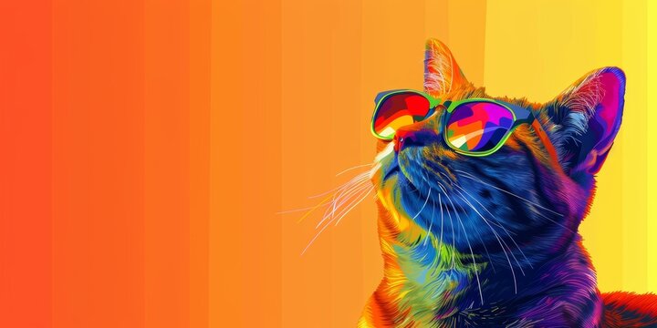 cat portrait in lgbtq pride rainbow colors concept art illustration, with copy space