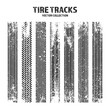 © 32 pixels - Grunge tire tracks, wheel braking marks. Truck, car or motorcycle tread pattern silhouettes. Auto race, motorsport, speed racing design element. Vector illustration