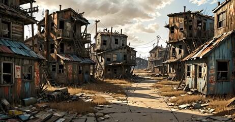 Wall Mural - abandoned post apocalyptic urban city town house ruins. empty aged old building exterior derelict. decayed skyscraper apartment buildings wasteland desert.