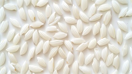 Wall Mural - Polished white rice grains neatly arranged on white background texture