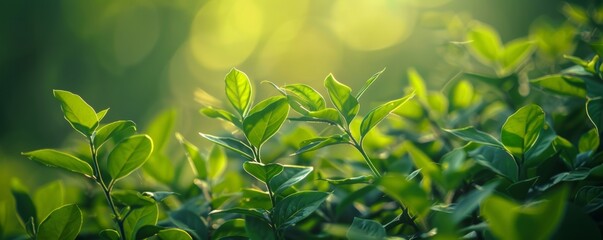 Wall Mural - Close-up of vibrant green leaves in sunlight, nature background. Eco-friendly and freshness concept