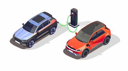 Wall Mural - omparing electric car versus gasoline diesel car suv. Electric vehicle charging at charger stand vs. fossil car refueling petrol gas station.