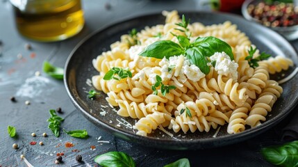 Wall Mural - Fusilli Pasta with Ricotta and Herbs on a Plate - Delicious Italian Cuisine Dish for Foodies and Gourmets