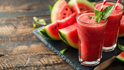 Wall Mural - Fresh watermelon smoothies with mint on rustic table