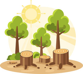 Illustration of sunlit forest clearing with cut tree stumps isolated on transparent background.