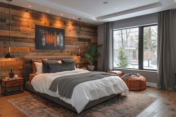 Wall Mural - Cozy bedroom with wooden wall and scenic view