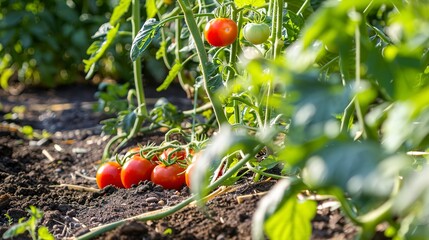 Poster - Close-up of vegetables growing in community garden, ripe tomatoes and green beans, sunny day, no people 