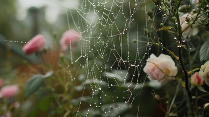 Wall Mural - Raindrops on spider webs among community garden roses, close-up, misty morning, tranquil, no humans