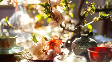 Wall Mural - Vibrant blossoms in Japanese tea setting, close view, noon sunlight, rich hues, sharp focus 