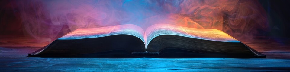 Wall Mural - Open holy bible on a sleek holographic surface with neon blue highlights. Extra wide space for holographic text. Ideal for modern religious blogs, presentations, and prayer groups