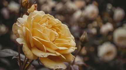 Sticker - Yellow rose in full bloom, close focus, intricate petal textures, blurred rose bushes behind 