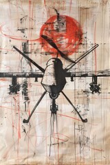 Wall Mural - A childs drawing of a combat drone, highlighting the innocence lost in modern conflict