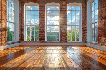 Wall Mural - Large room with big windows and wooden flooring