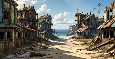 abandoned buildings on beach ocean coast in summer. old town wood house cabin by sea and water waves.
