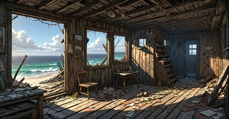 Wall Mural - abandoned shack hut interior on beach ocean coast in summer. old wood house cabin by sea and water waves.