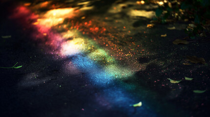 Photograph of the luminous rainbow park on black background, very small and blurry in center of frame, textured and grainy